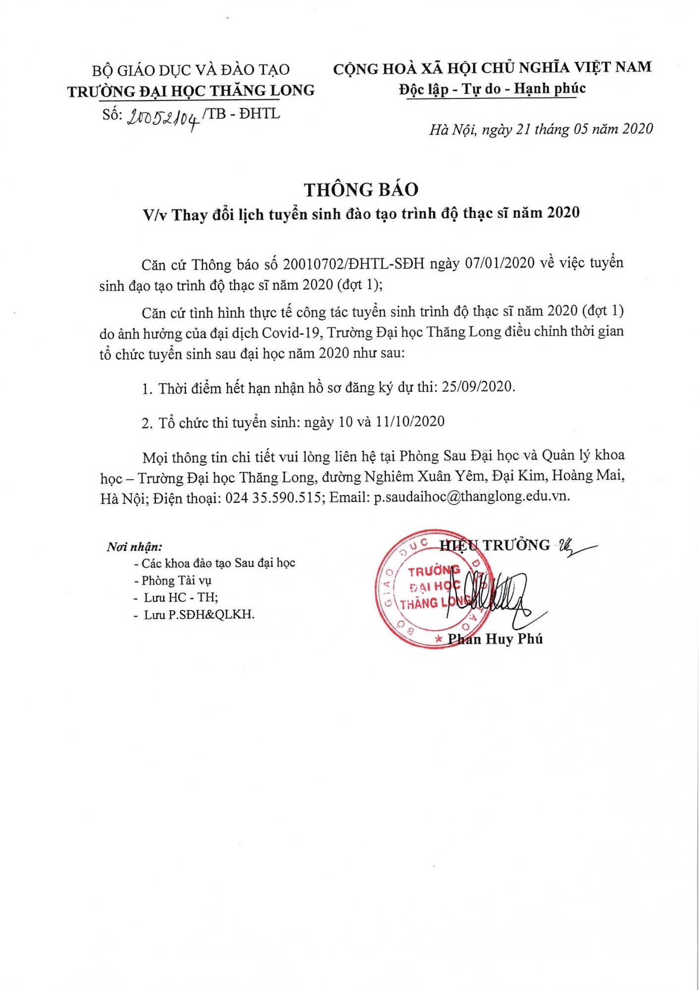 Thông báo V/v Thay đổi lịch tuyển sinh đào tạo trình độ thạc sĩ năm 2020