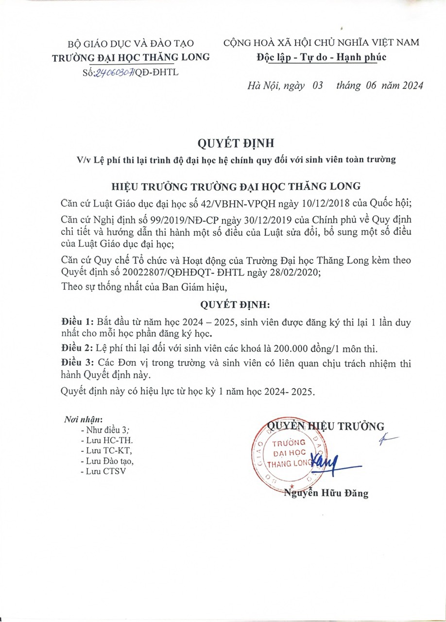 Quyết định: V/v Lệ phí thi lại trình độ đại học hệ chính quy đối với sinh viên toàn trường